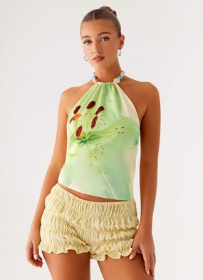 Dalila Beaded Tie Back Top - Yellow Floral Fade Resistant Treatment Thermal Regulation System