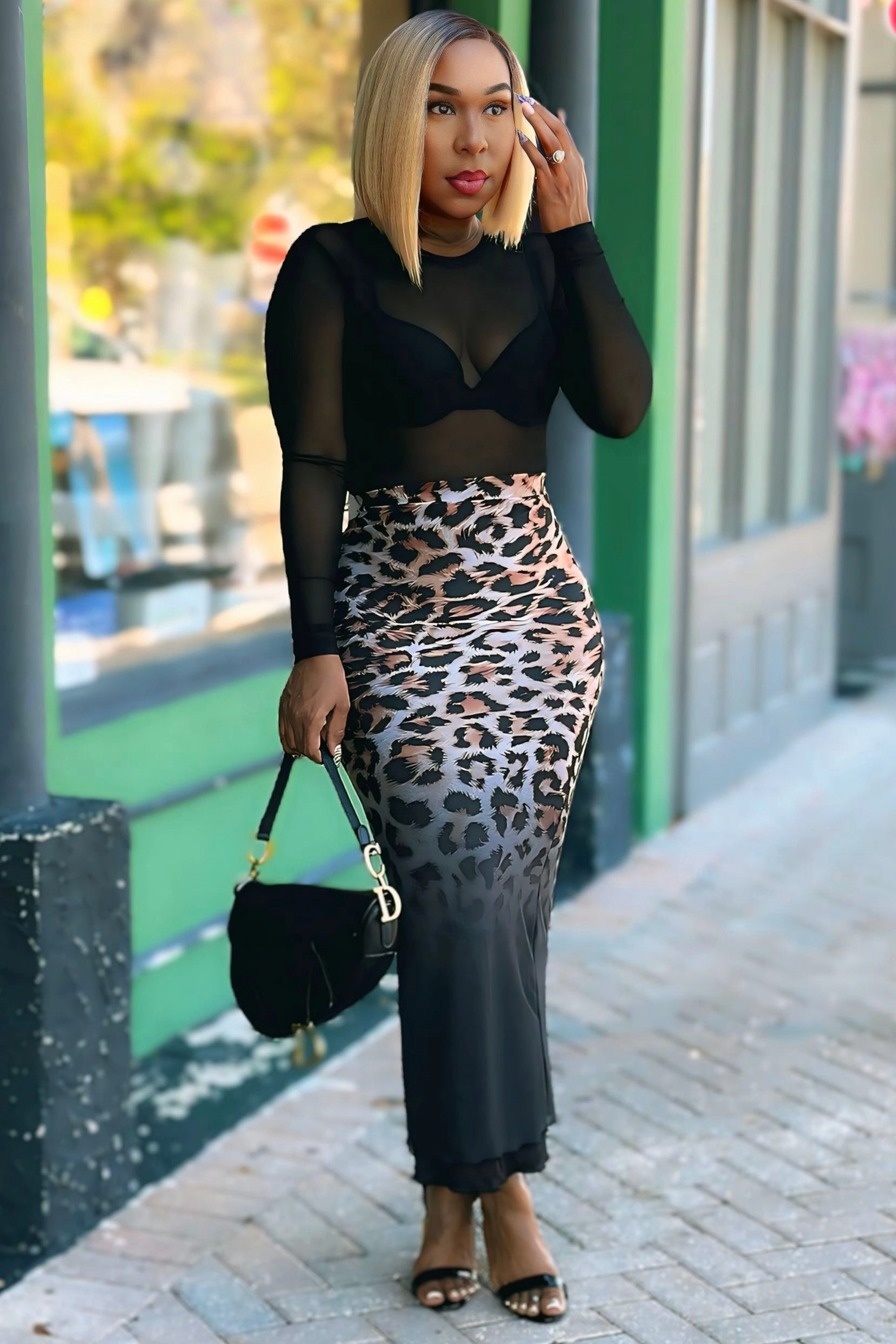Comfy Flex Dannetta Leopard Print Ombre Mesh Maxi Skirt