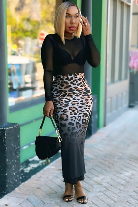 Dannetta Leopard Print Ombre Mesh Maxi Skirt Gripper Elastic Hem Comfy Flex Dannetta Leopard Print Ombre Mesh Maxi Skirt