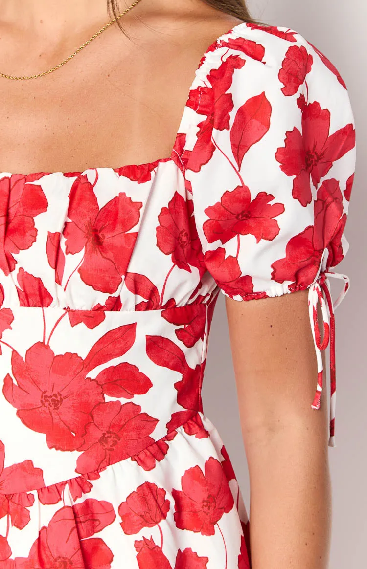 Danyal Red Anemone Floral Print Mini Dress