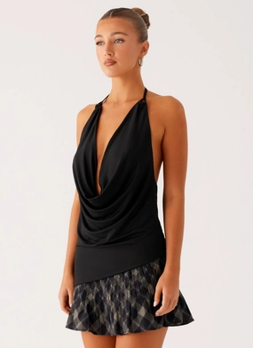 Dasha Cowl Top - Black Heat Transfer Logo Laser Cut Edges Dasha Cowl Top - Black