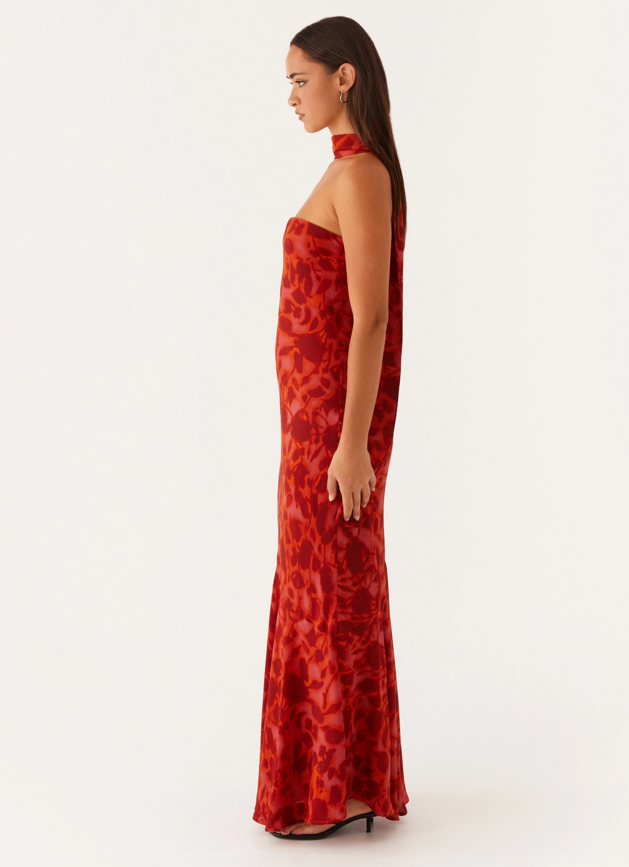 Day Ready Under The Pagoda Maxi Dress - Deep Red Floral Stretch Material Pastel tone