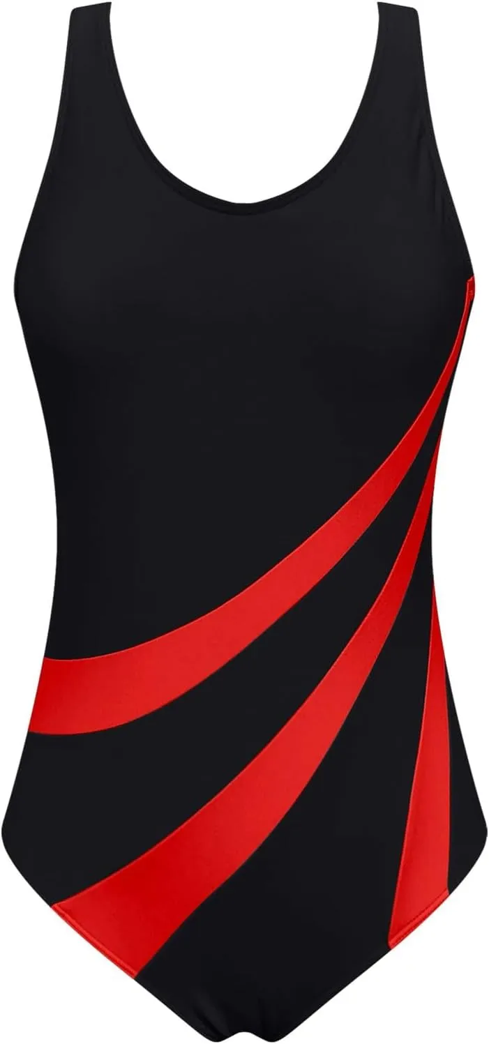 DDAPJ pyju Women's One Piece Swimsuit Color Block Tummy Control Slimming Bathing Suit Backless Athletic Monokini Swimwear