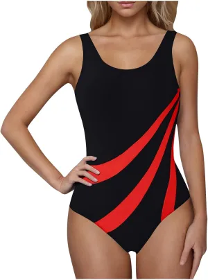DDAPJ pyju Women's One Piece Swimsuit Color Block Tummy Control Slimming Bathing Suit Backless Athletic Monokini Swimwear