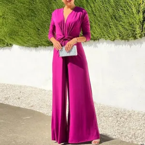 Deep V Neck Front Twist Pleat Wide Leg Jumpsuit