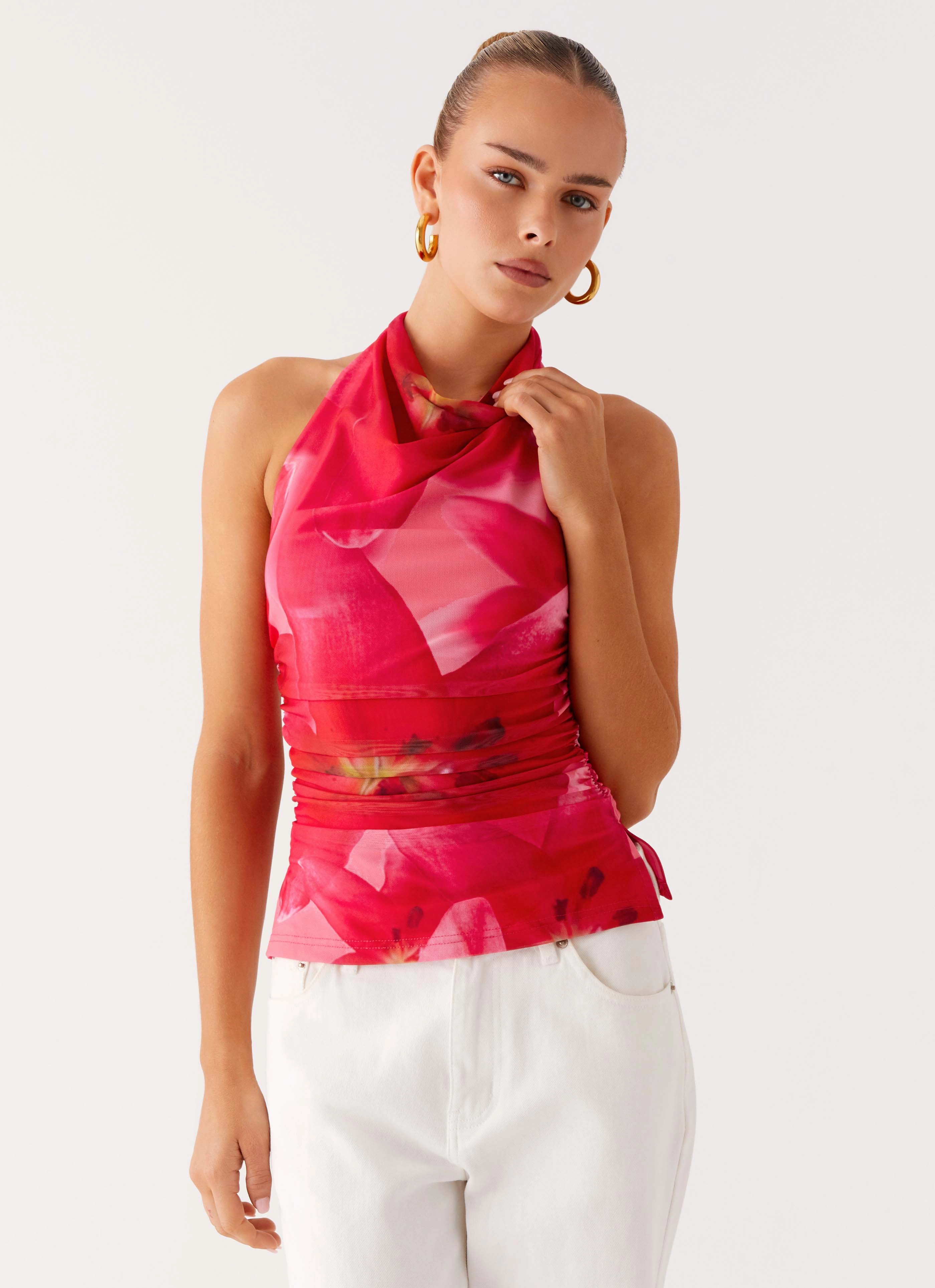 Delany Halter Top - Peach Watermelon Flower Ventilated Back Panel Buttery Soft Feel