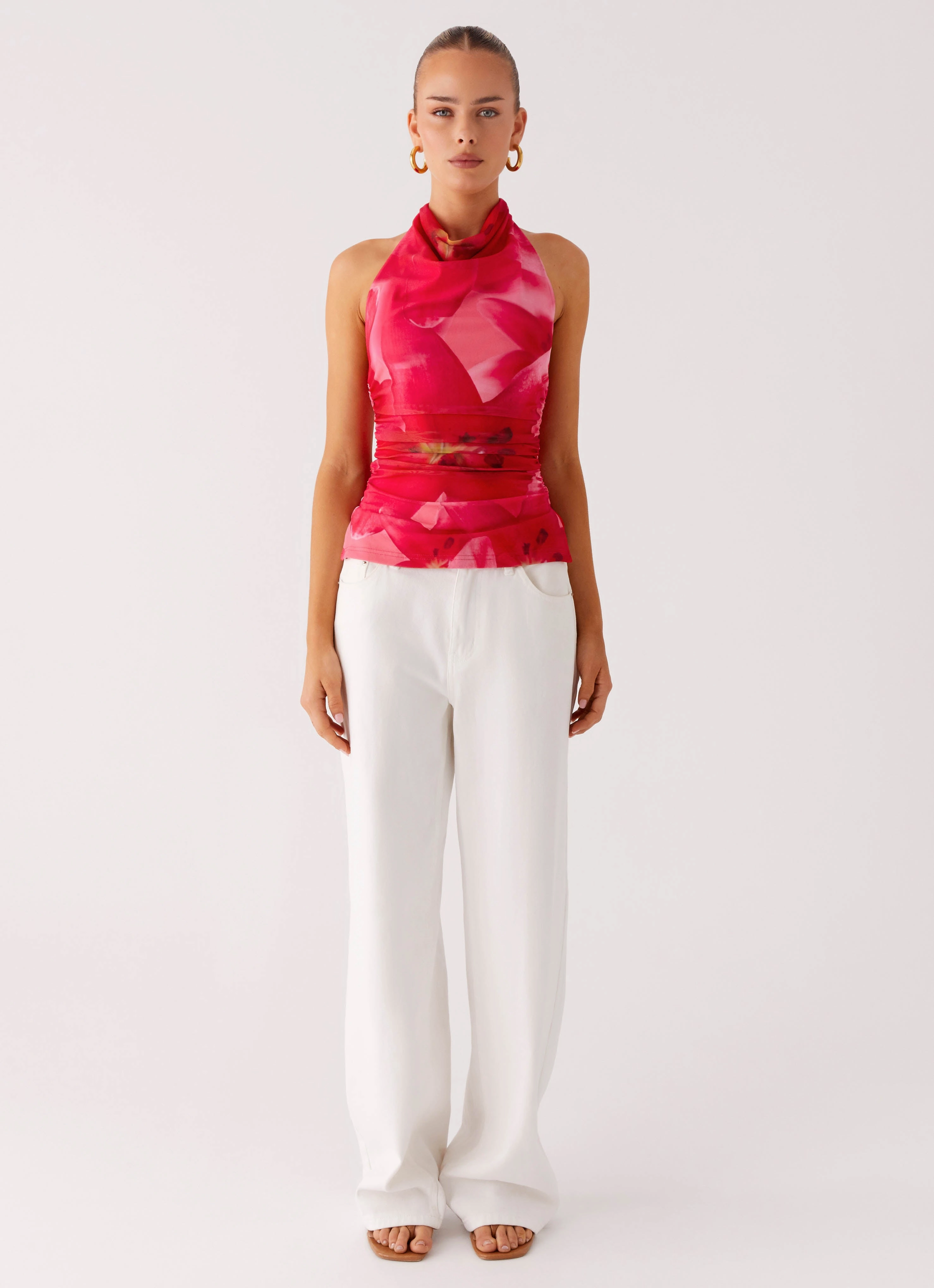 Fleece Pullover Delany Halter Top - Peach Watermelon Flower