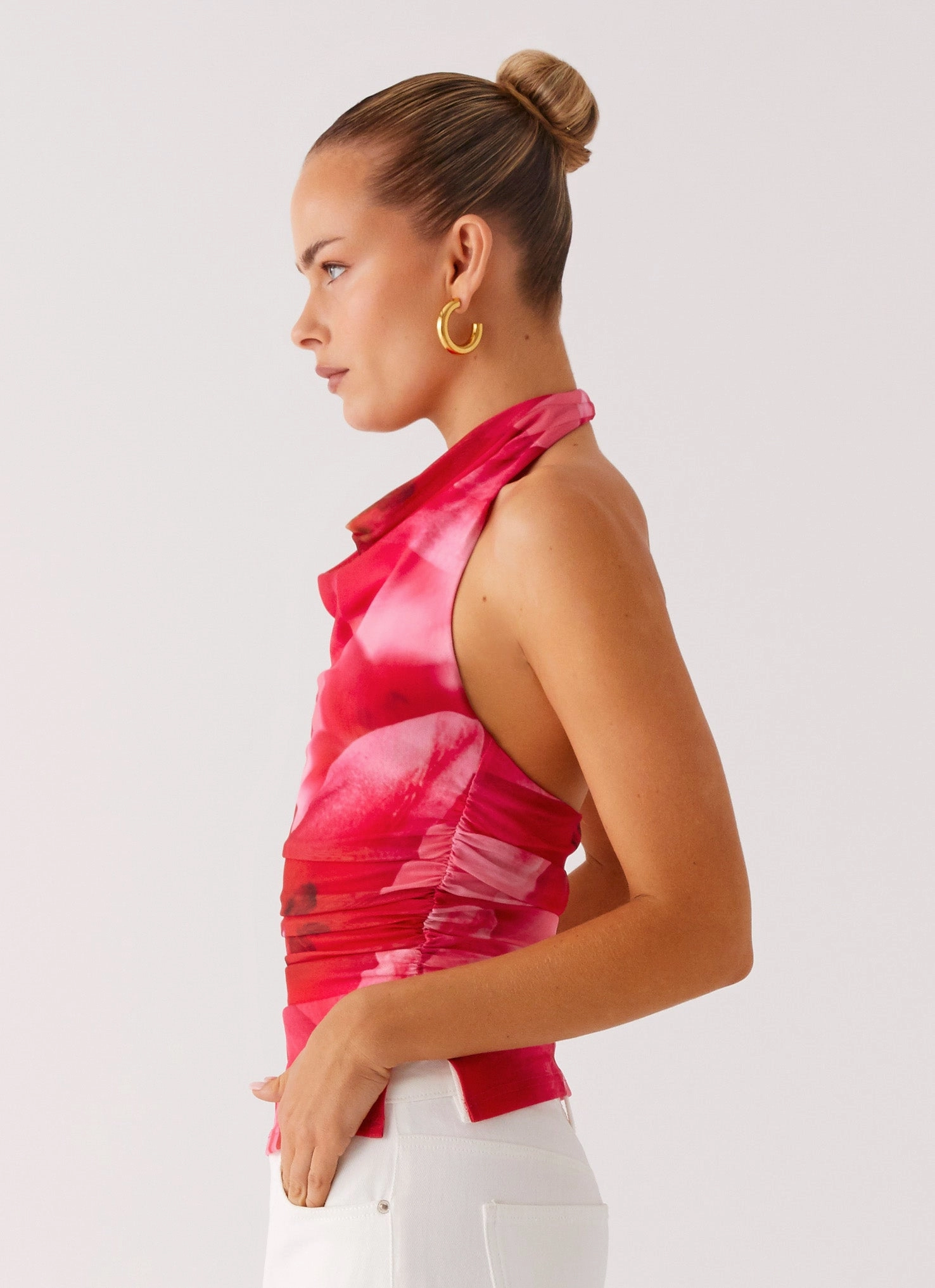 Contrast Stitching Delany Halter Top - Peach Watermelon Flower