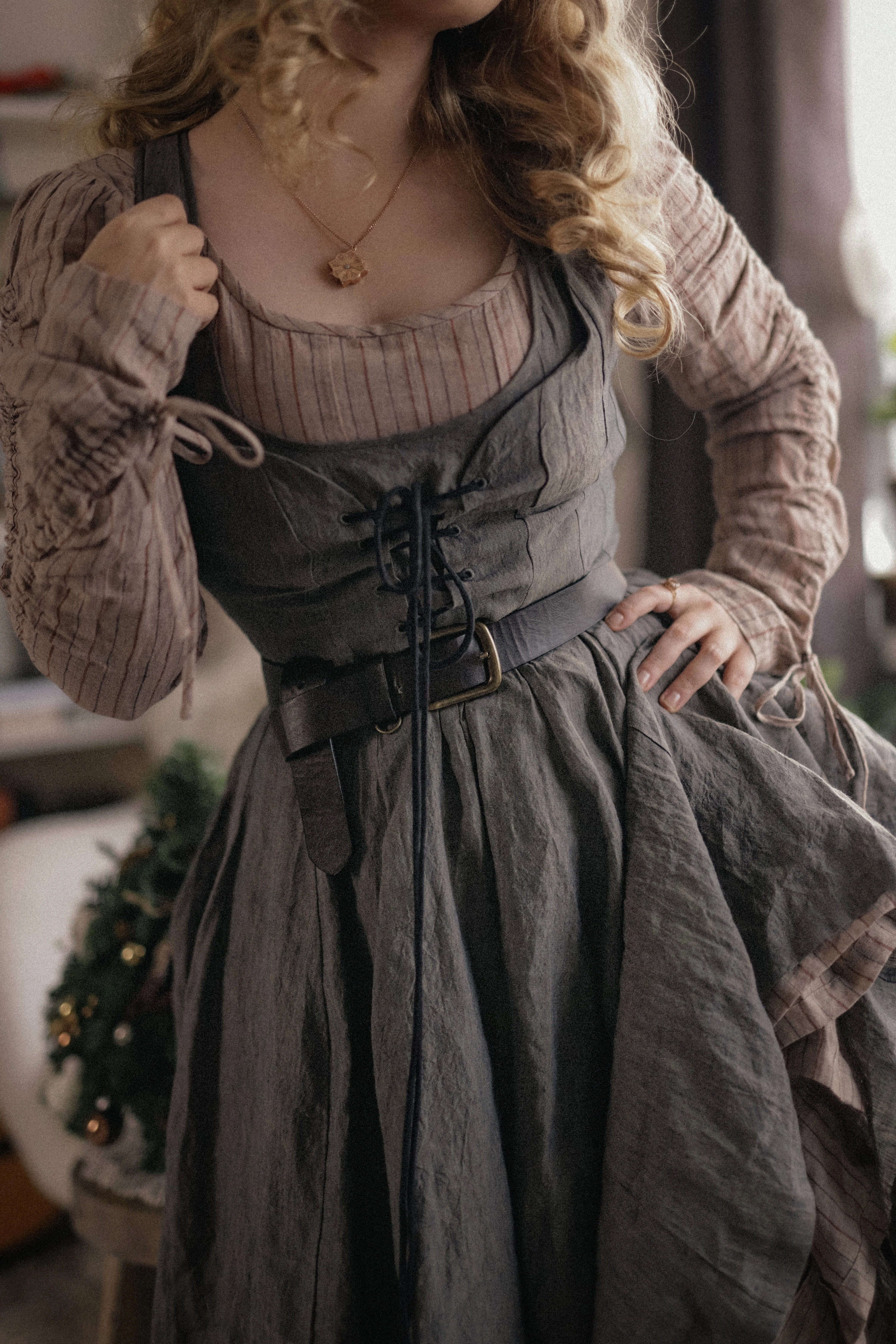 Alisa 25 | lace up linen dress ShrinkResistantFabric Long Sleeve