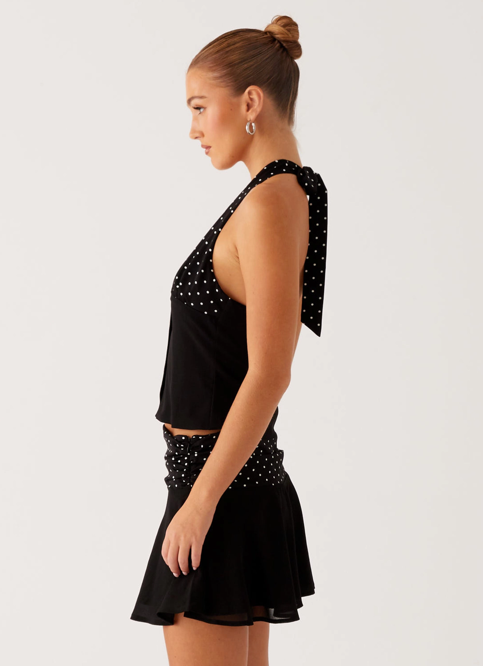 Wide Shoulder Cut Timeless Cut Devoted Halterneck Top - Black Polka Dot