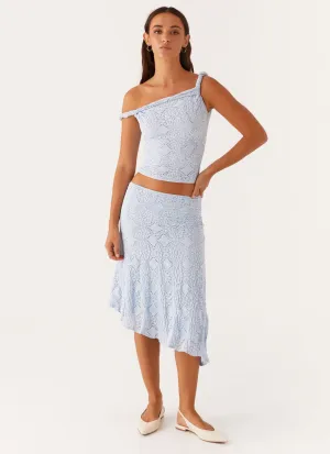 Diamond Sky Midi Skirt - Blue Casual Fit Tear Resistant Weave Hip Friendly Pockets Diamond Sky Midi Skirt - Blue