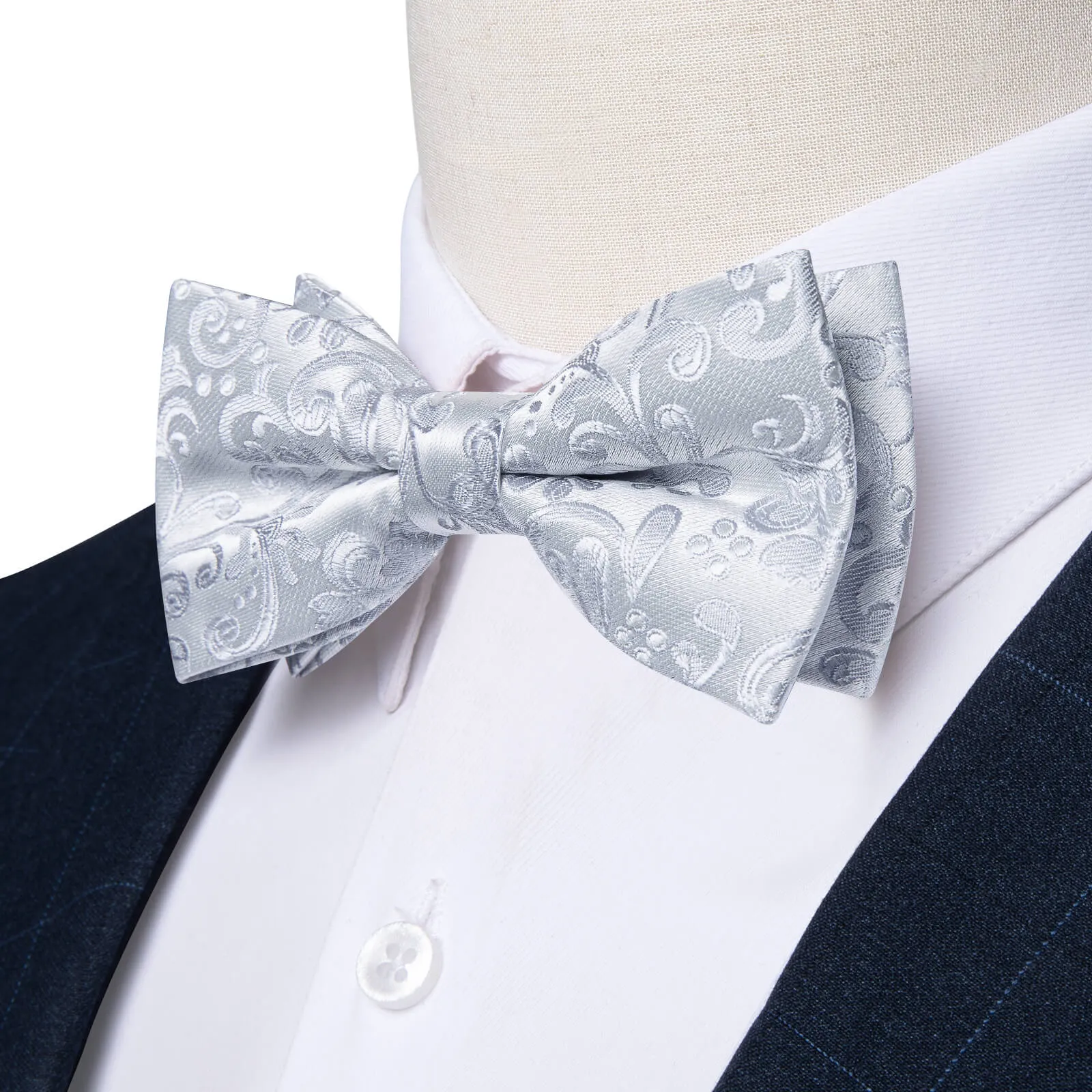 DiBanGu Kids Bow Tie Cloud Grey Floral Silk Pre-Bow Tie Hanky Set
