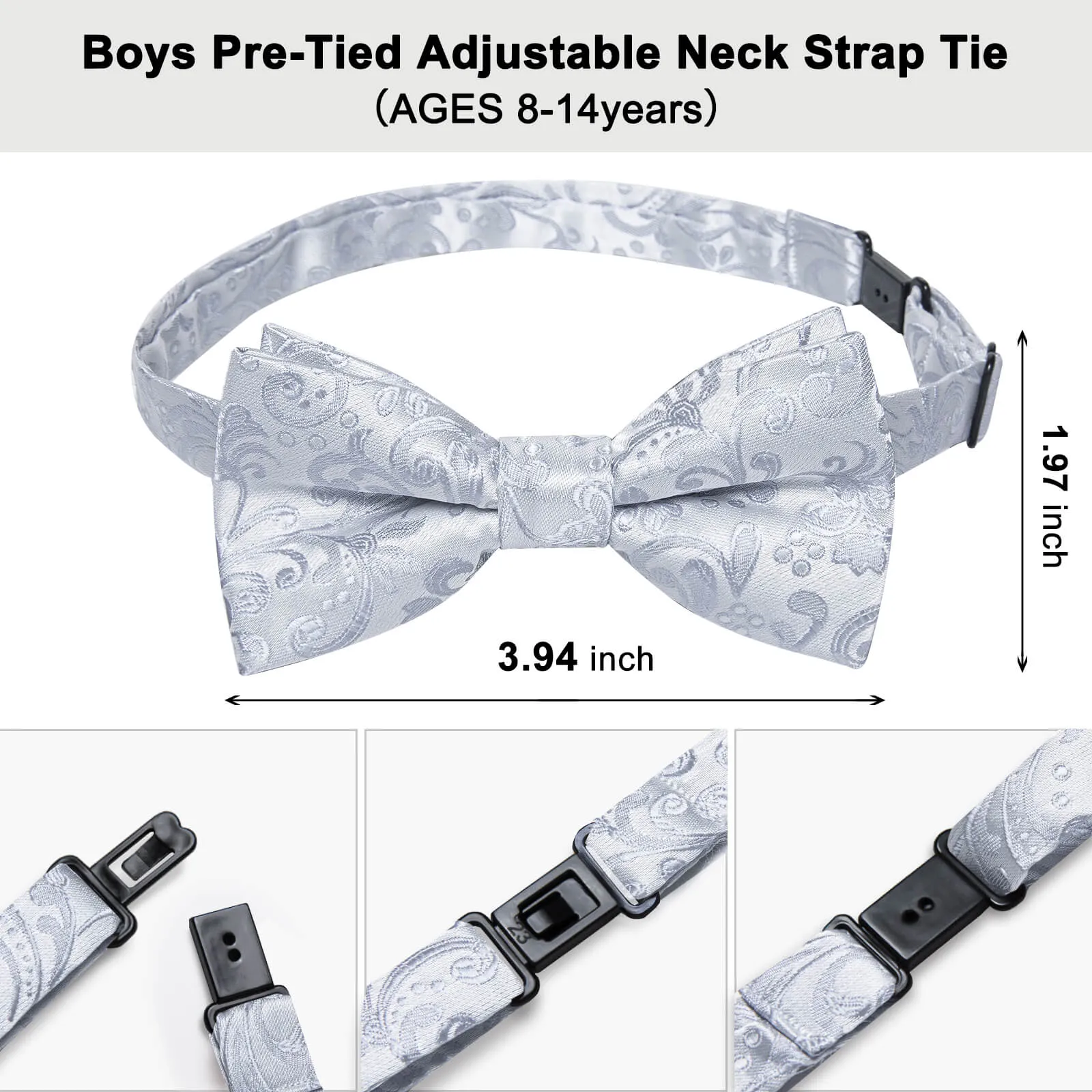 DiBanGu Kids Bow Tie Cloud Grey Floral Silk Pre-Bow Tie Hanky Set