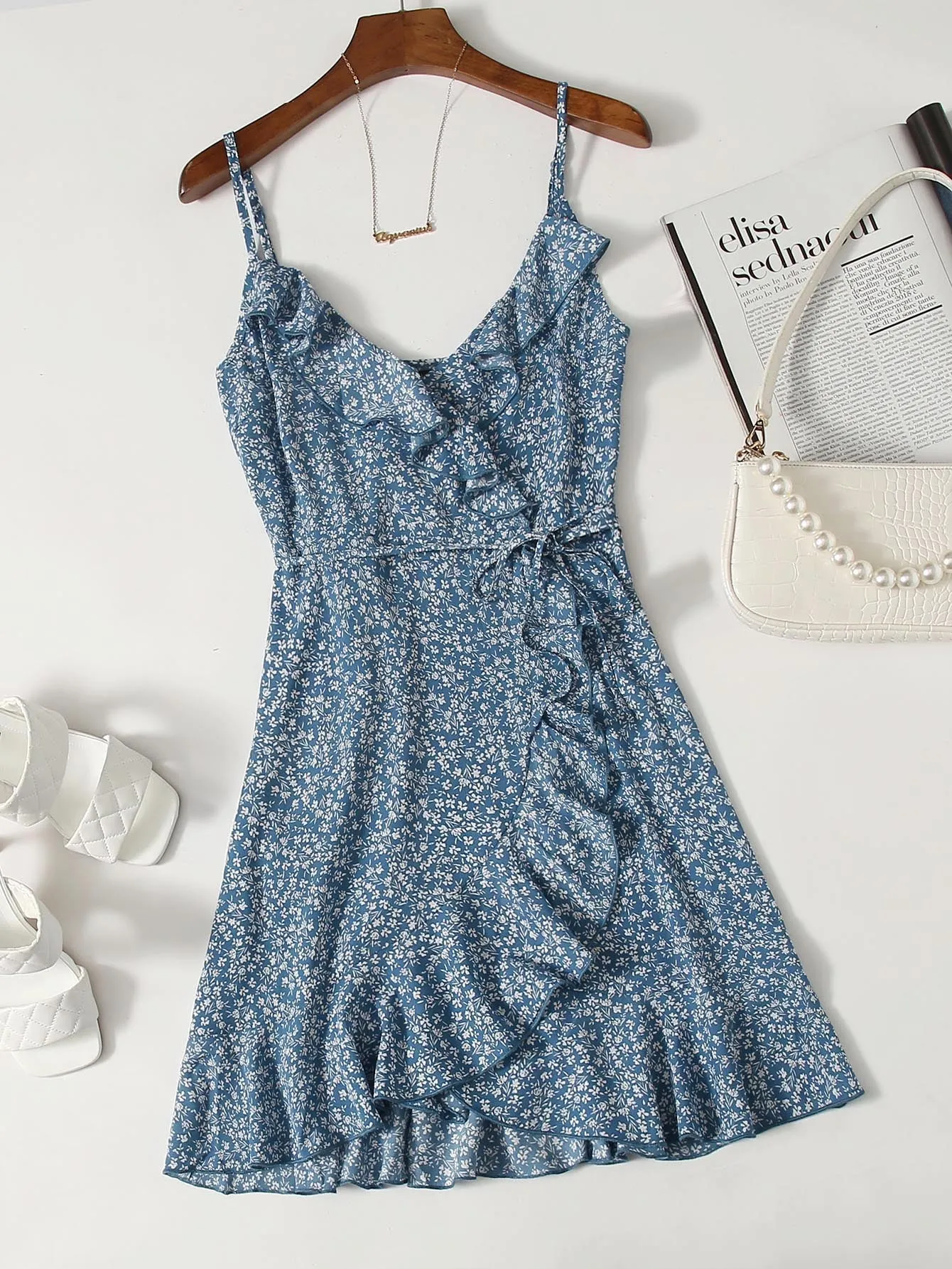 Ditsy Floral Belted Spaghetti Strap Wrap High Waist Short Dress