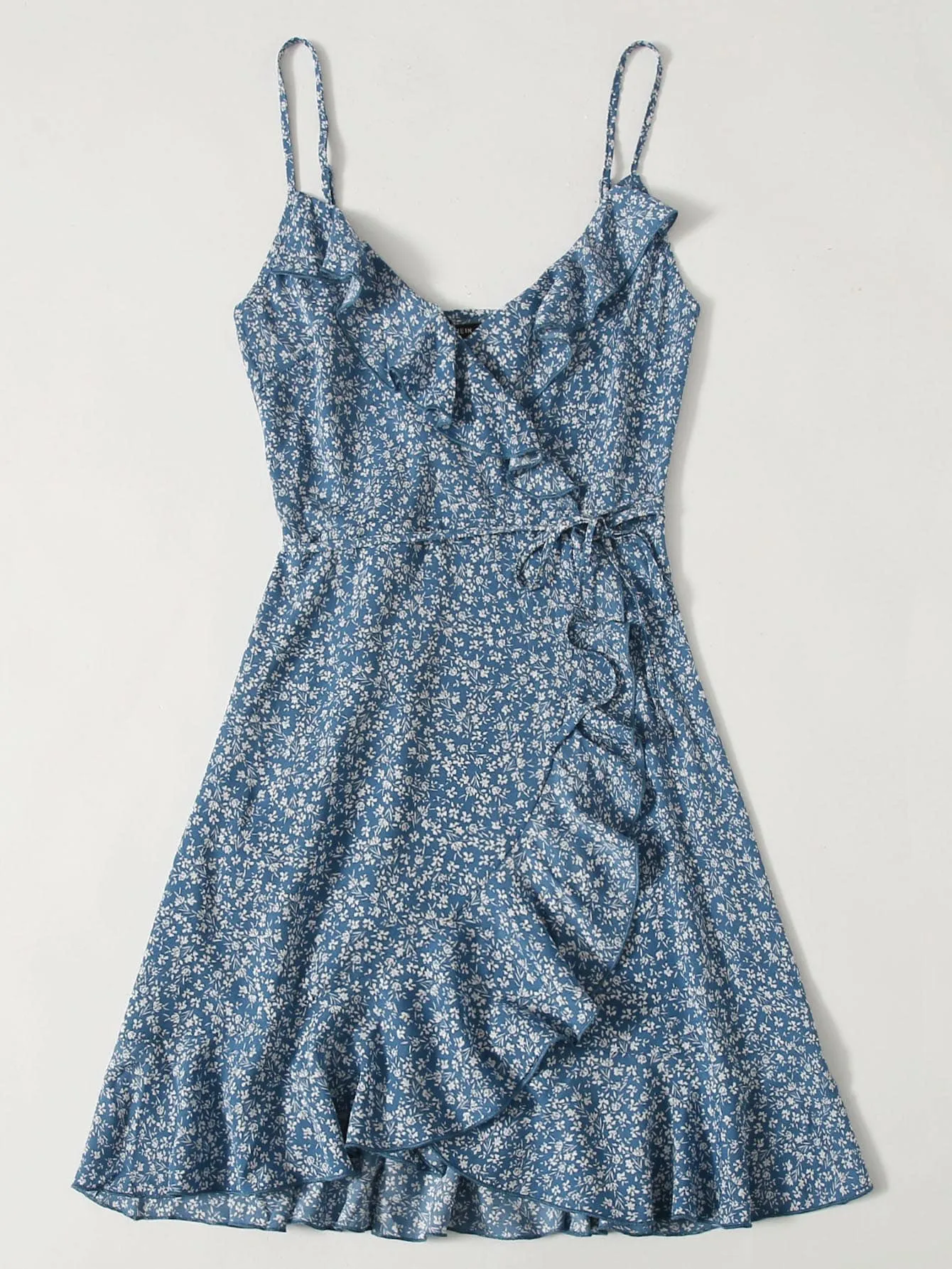 Ditsy Floral Belted Spaghetti Strap Wrap High Waist Short Dress