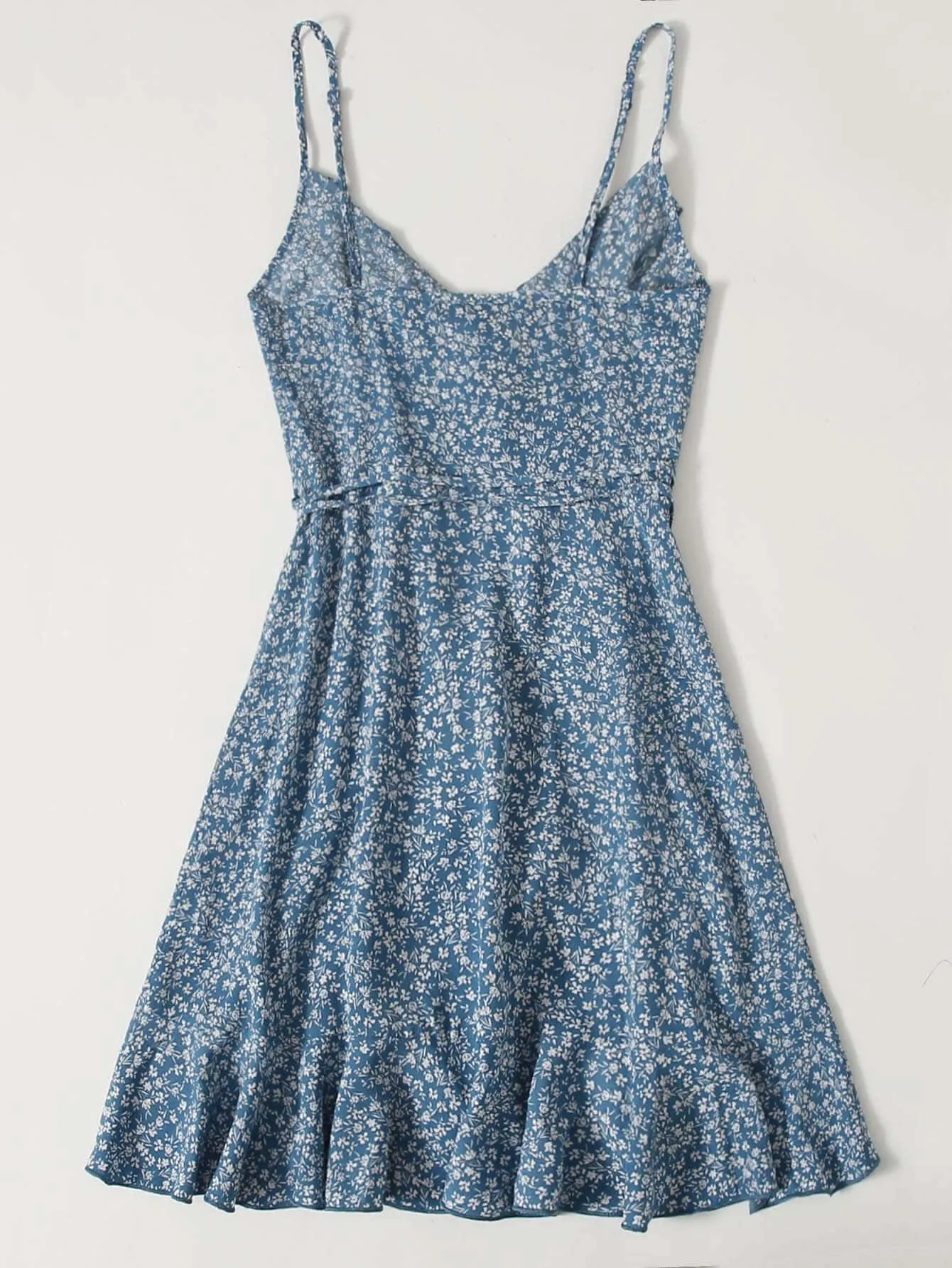 Ditsy Floral Belted Spaghetti Strap Wrap High Waist Short Dress