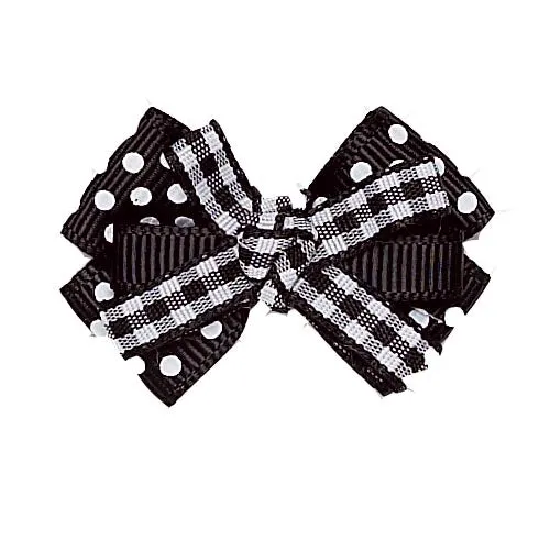 Dog Hair Bow- Black   White Gingham Polka Knot Barrette