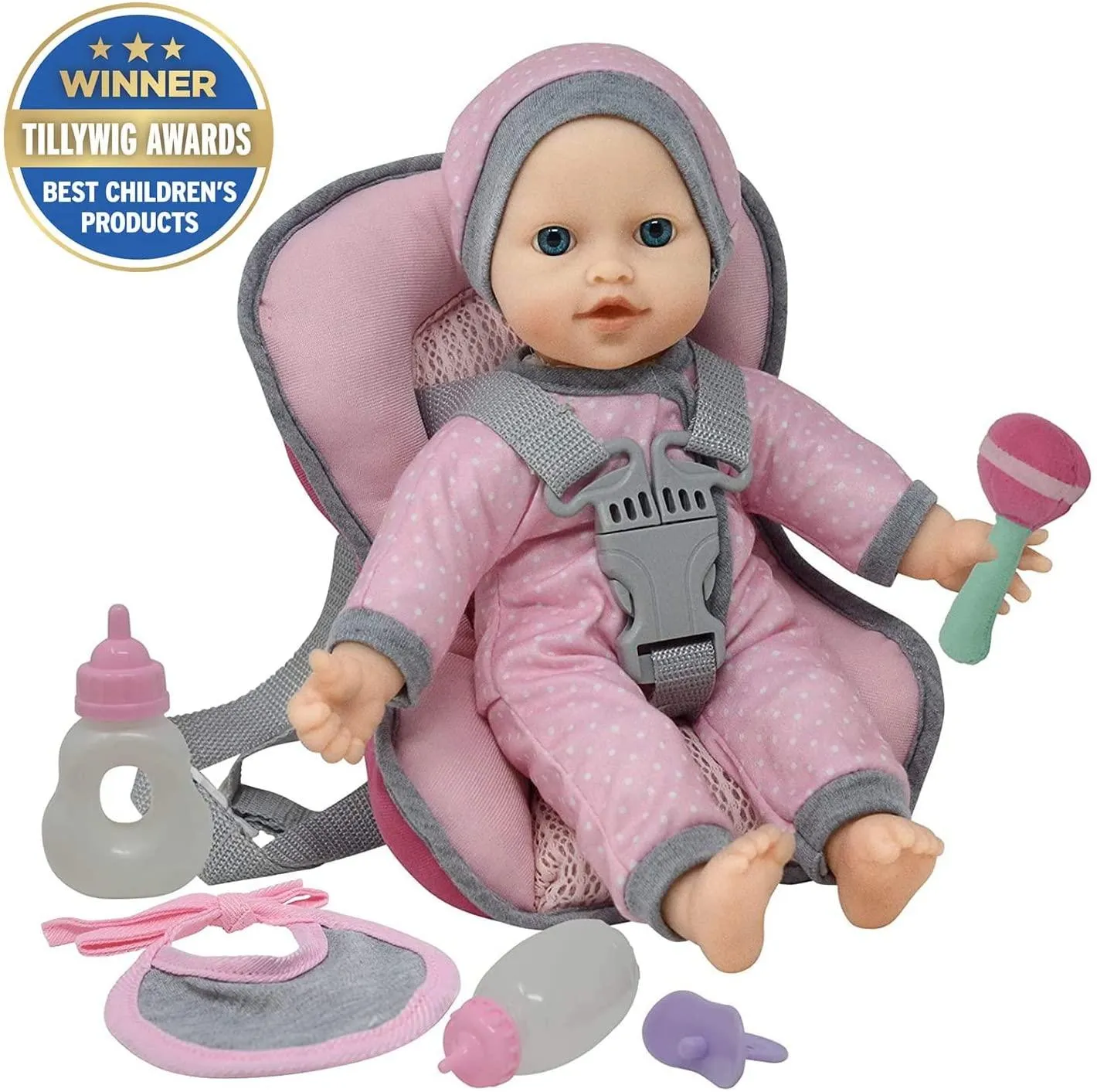 Doll Car Seat Carrier Backpack with 12 Inch Soft Body Doll Includes Doll Bottles and Toy Accessories (Caucasian)