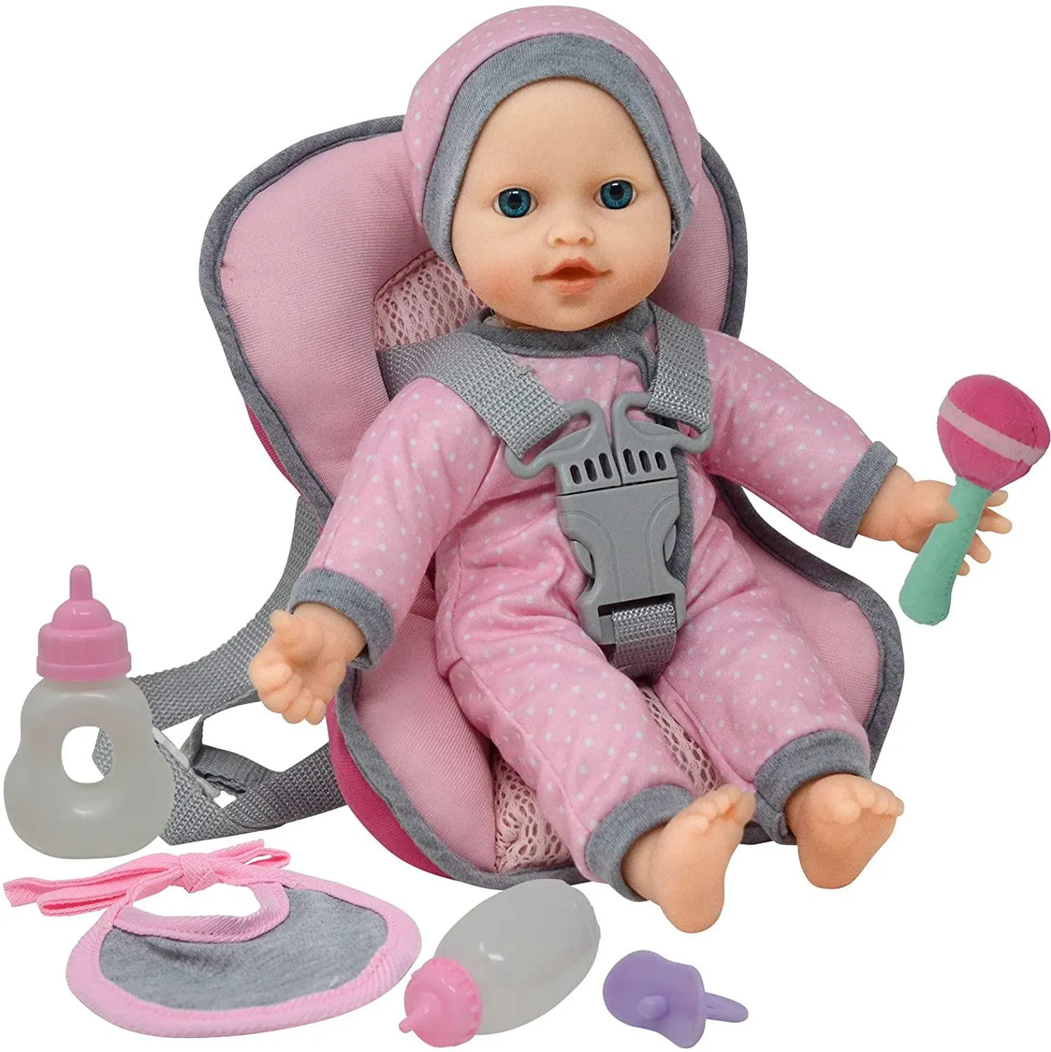 Doll Car Seat Carrier Backpack with 12 Inch Soft Body Doll Includes Doll Bottles and Toy Accessories (Caucasian)