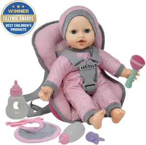 Doll Car Seat Carrier Backpack with 12 Inch Soft Body Doll Includes Doll Bottles and Toy Accessories (Caucasian)