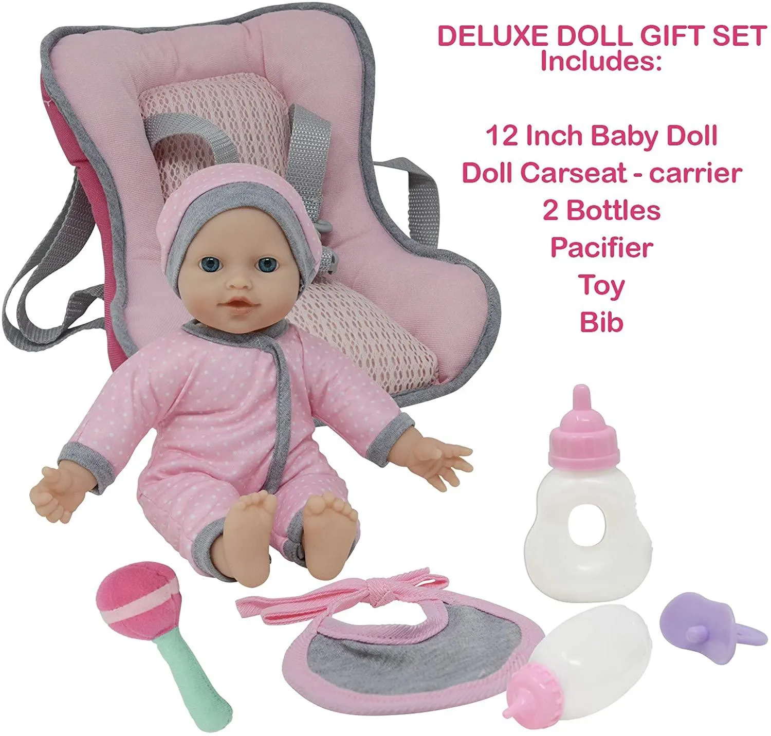 Doll Car Seat Carrier Backpack with 12 Inch Soft Body Doll Includes Doll Bottles and Toy Accessories (Caucasian)