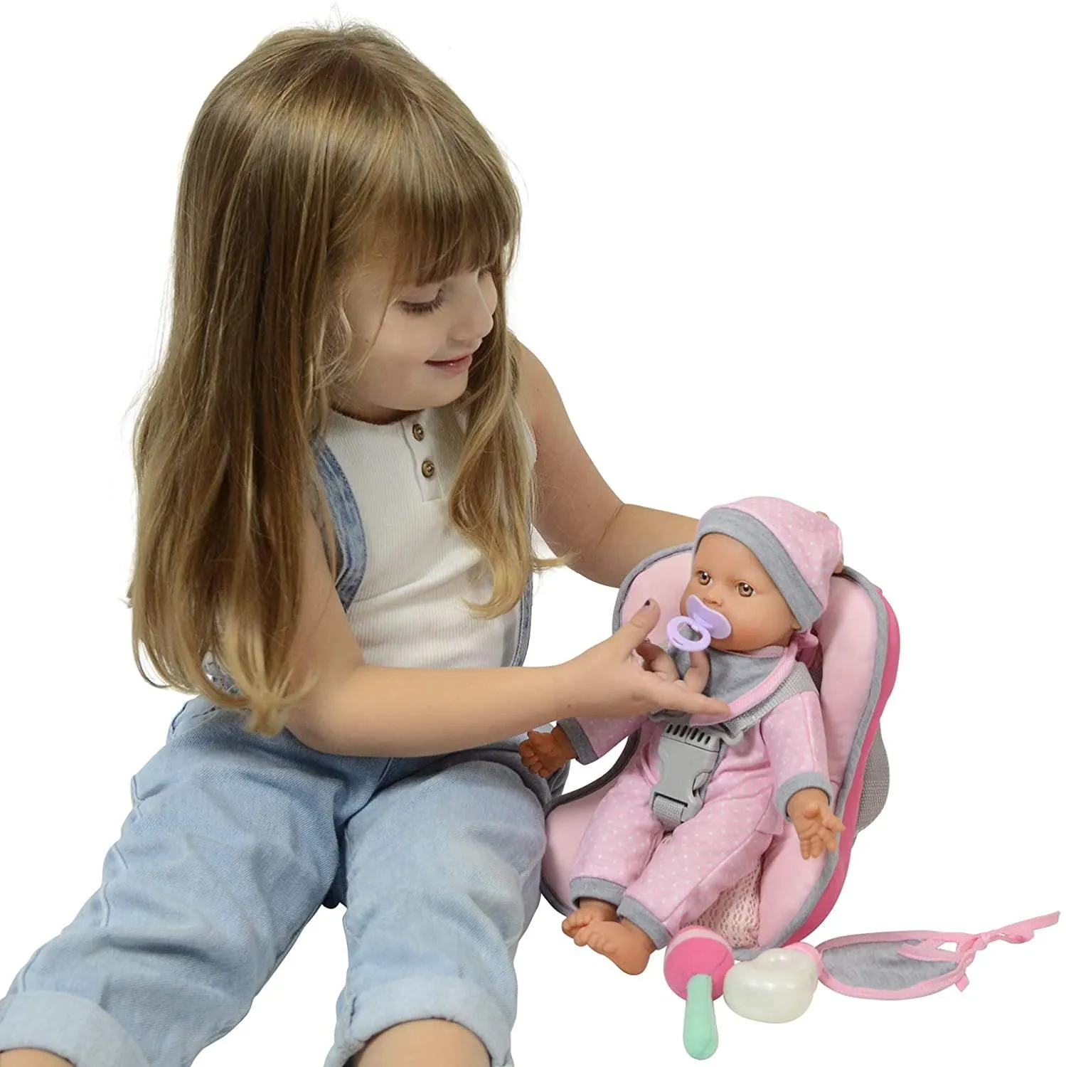 Doll Car Seat Carrier Backpack with 12 Inch Soft Body Doll Includes Doll Bottles and Toy Accessories (Caucasian)