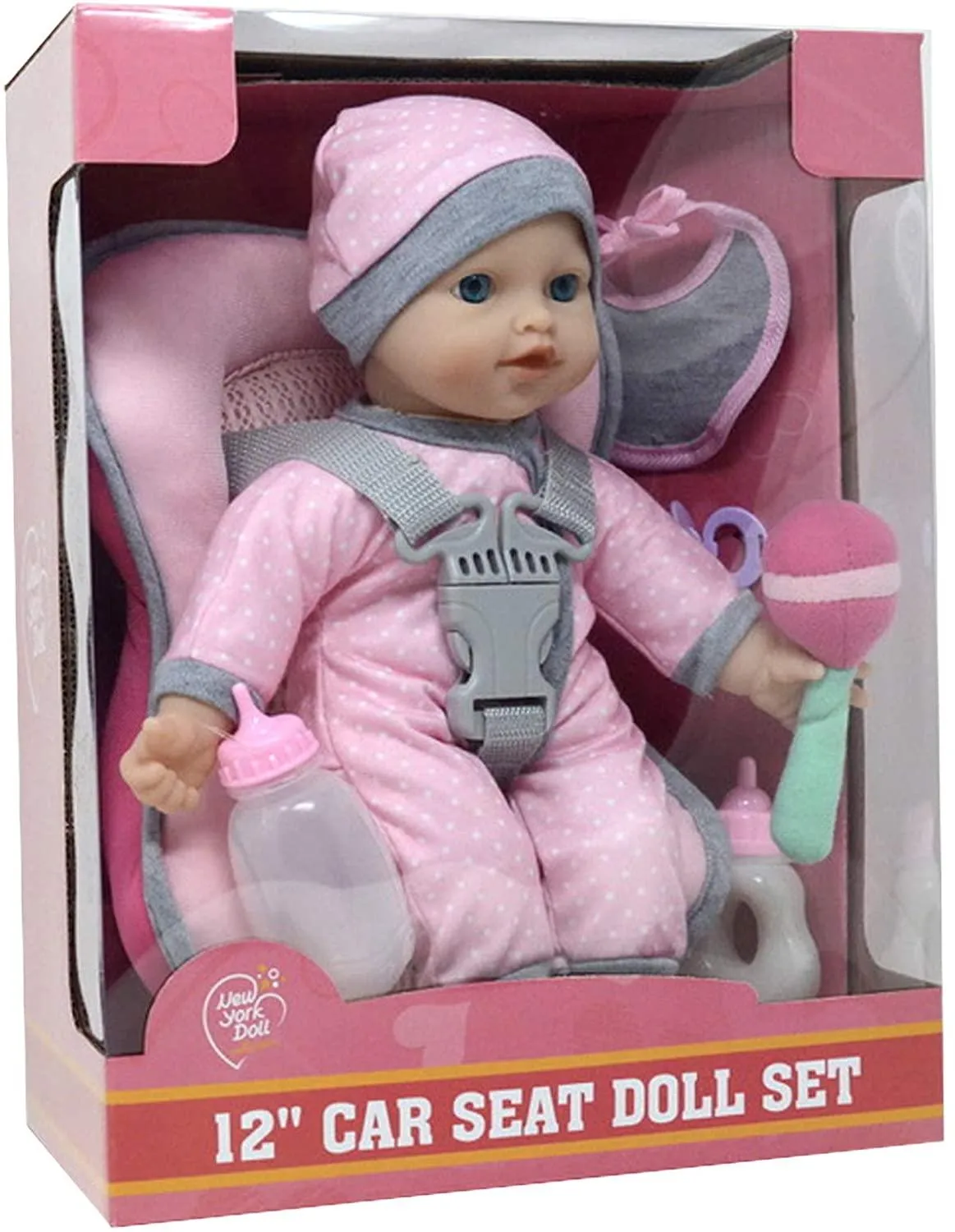 Doll Car Seat Carrier Backpack with 12 Inch Soft Body Doll Includes Doll Bottles and Toy Accessories (Caucasian)