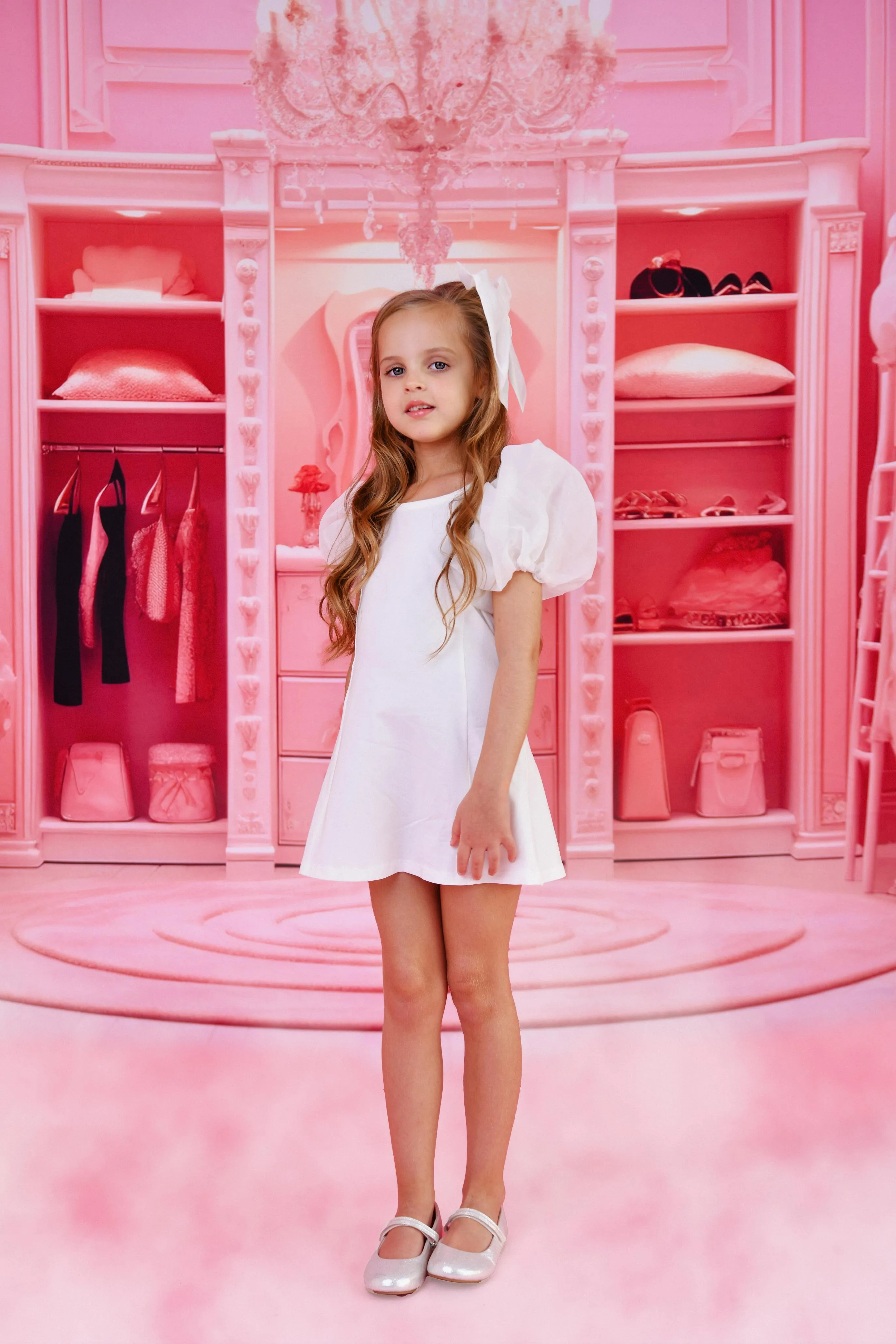 DOLLY WORLD SHORT PUFF SLEEVE ORGANZA DRESS WITH COTTON BODY white