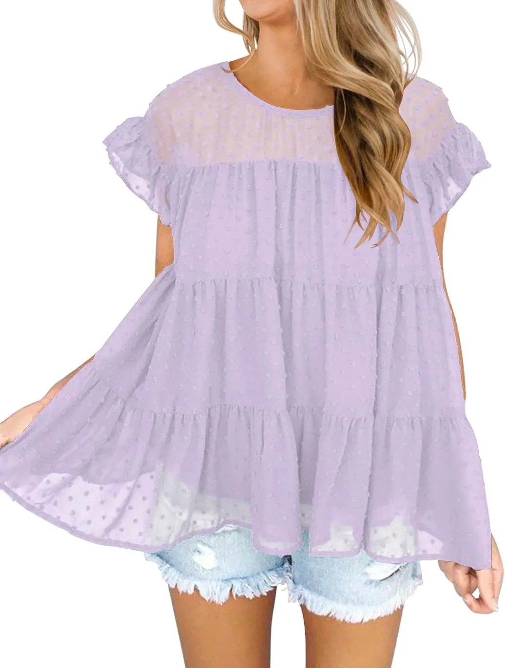 DOROSE Womens Babydoll Tops Swiss Dot Peplum Top Ruffle Sleeve Flowy Blouse