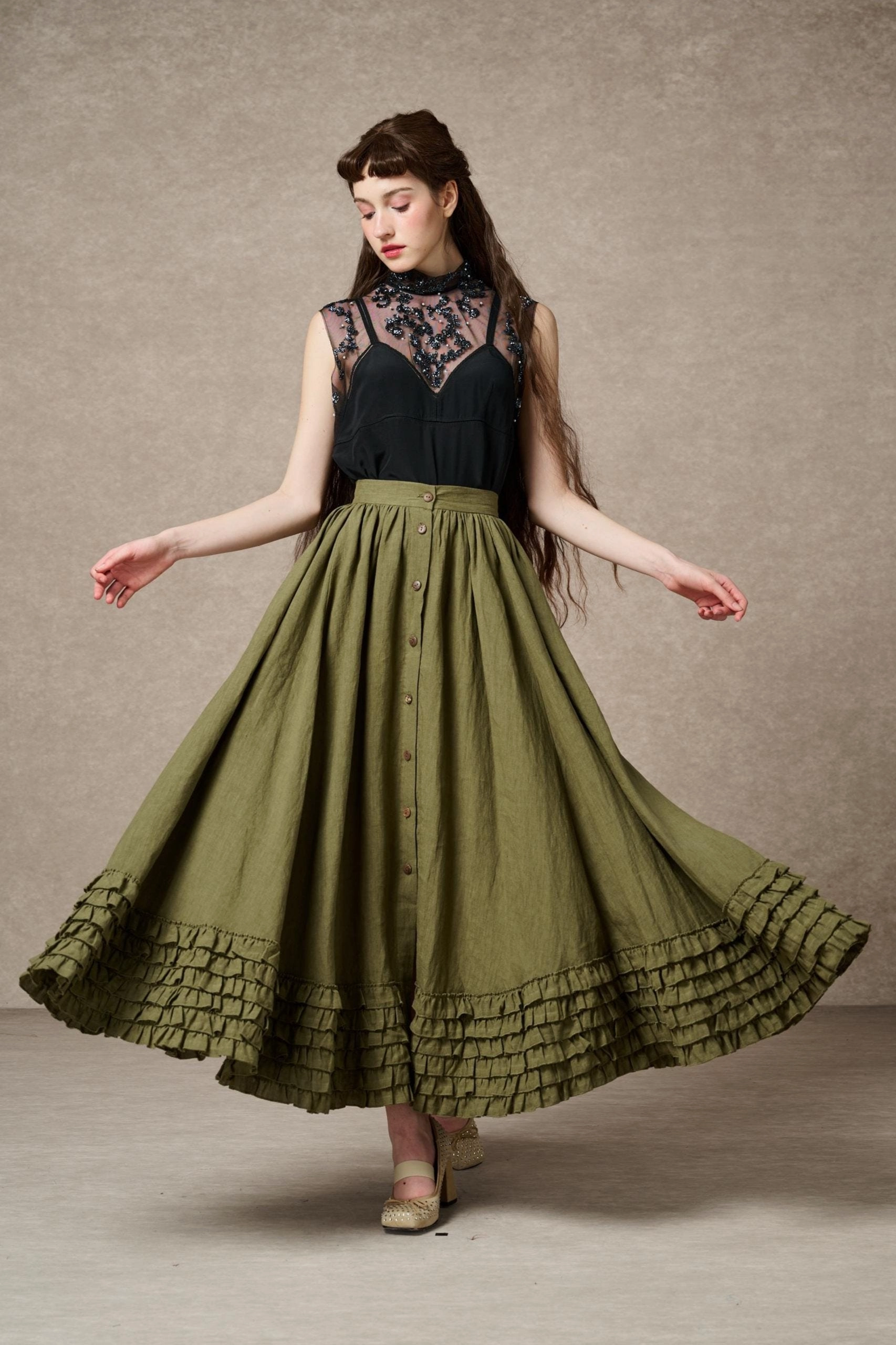 Dorothy 27 | Ruffled maxi linen skirt Flexible Articulated Elbows Low Profile Collar Design