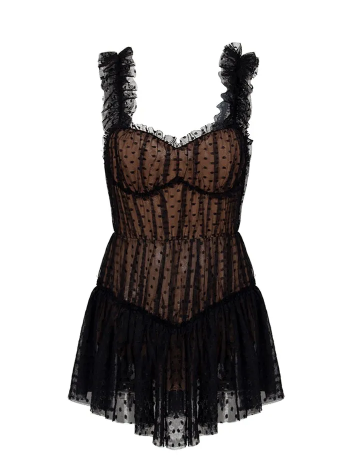 Dot Mesh Frill Ruffle Playsuit