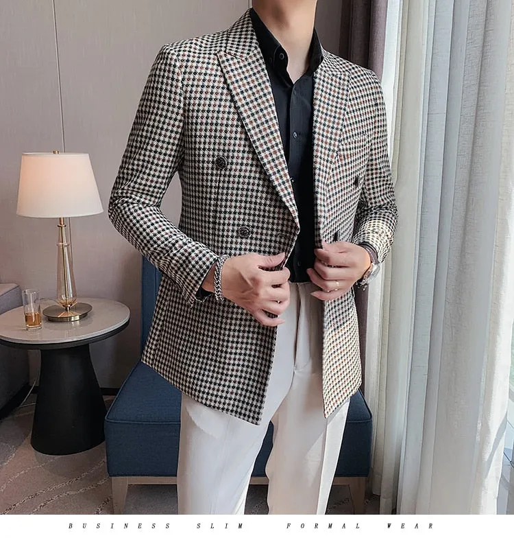 Double Breasted Plaid Fashionable British Style Blazers