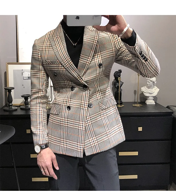 Double Breasted Plaid Fashionable British Style Blazers