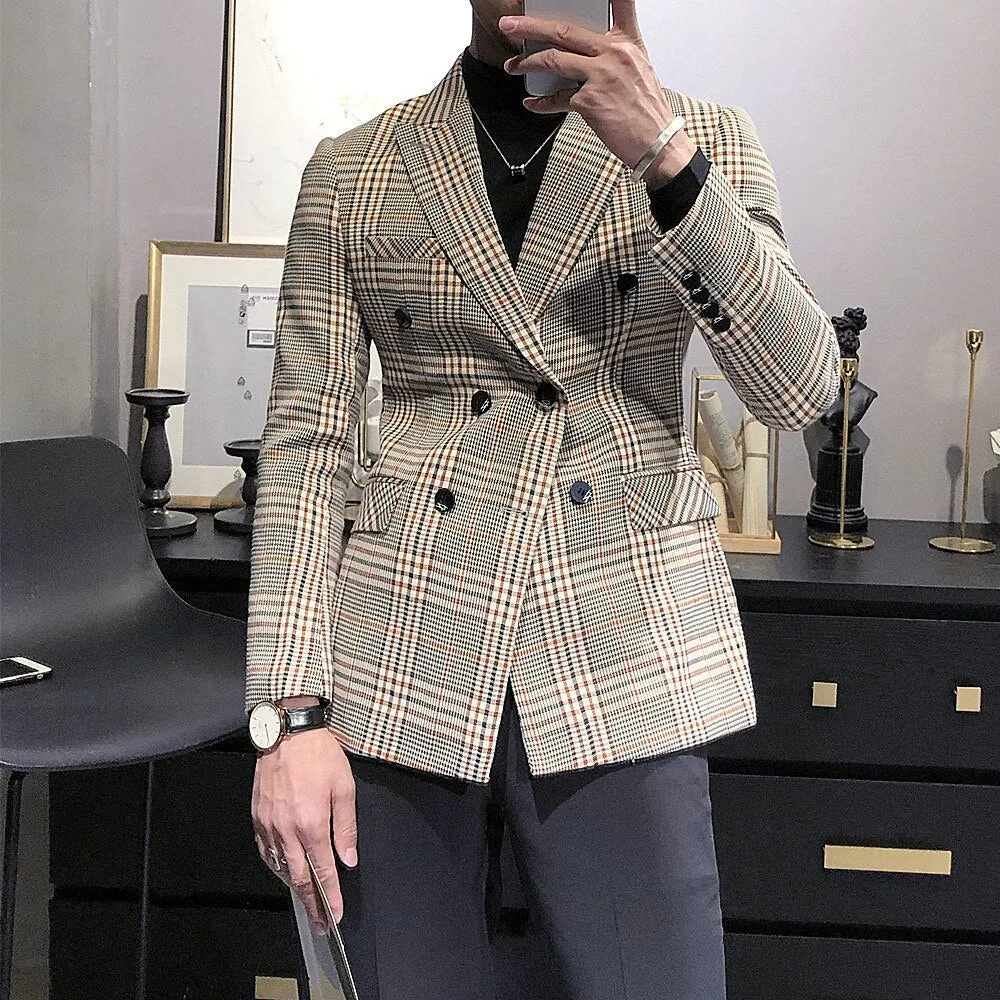 Double Breasted Plaid Fashionable British Style Blazers