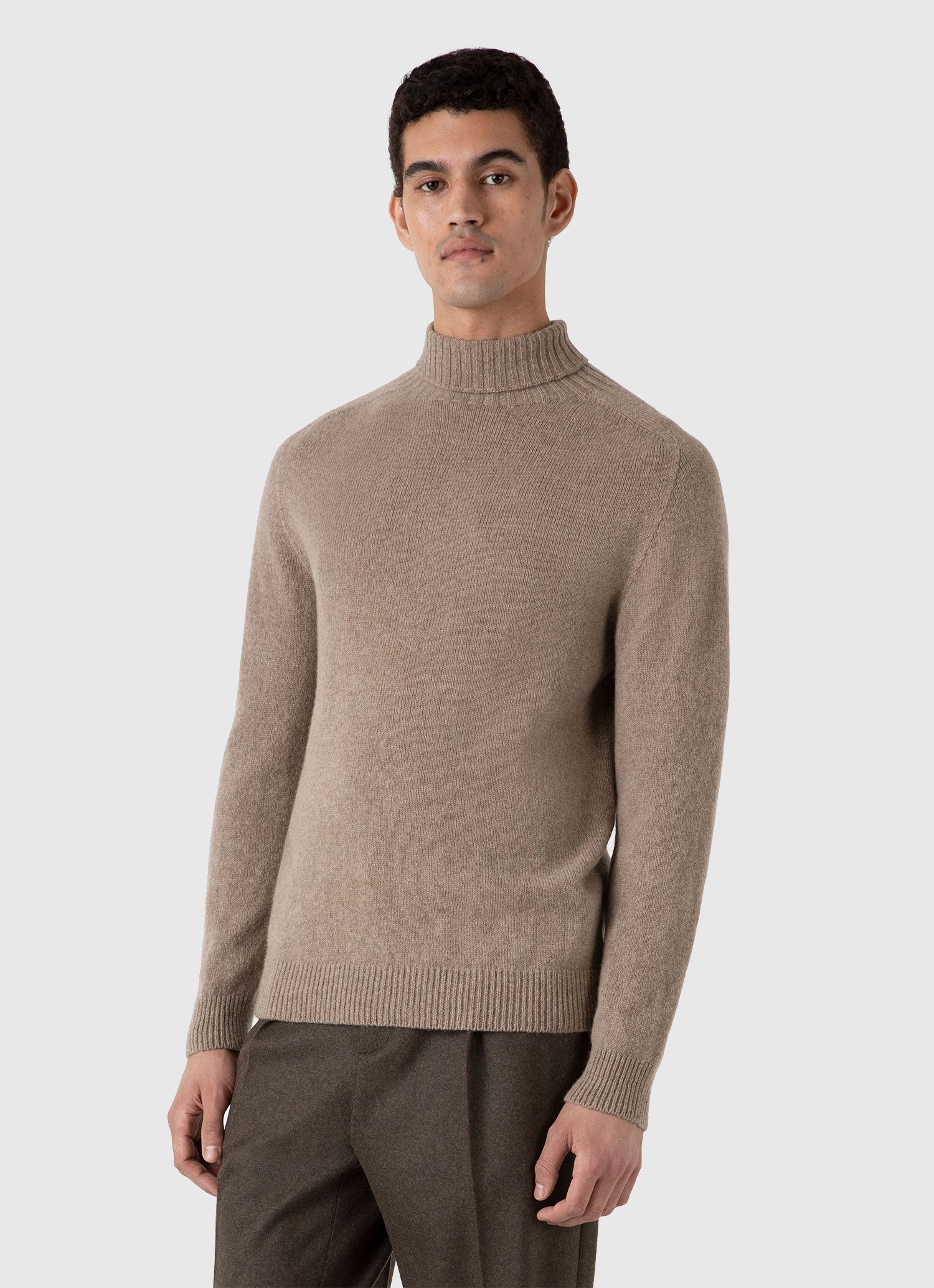 Men's Lambswool Roll Neck in Sandstone Clean Silhouette