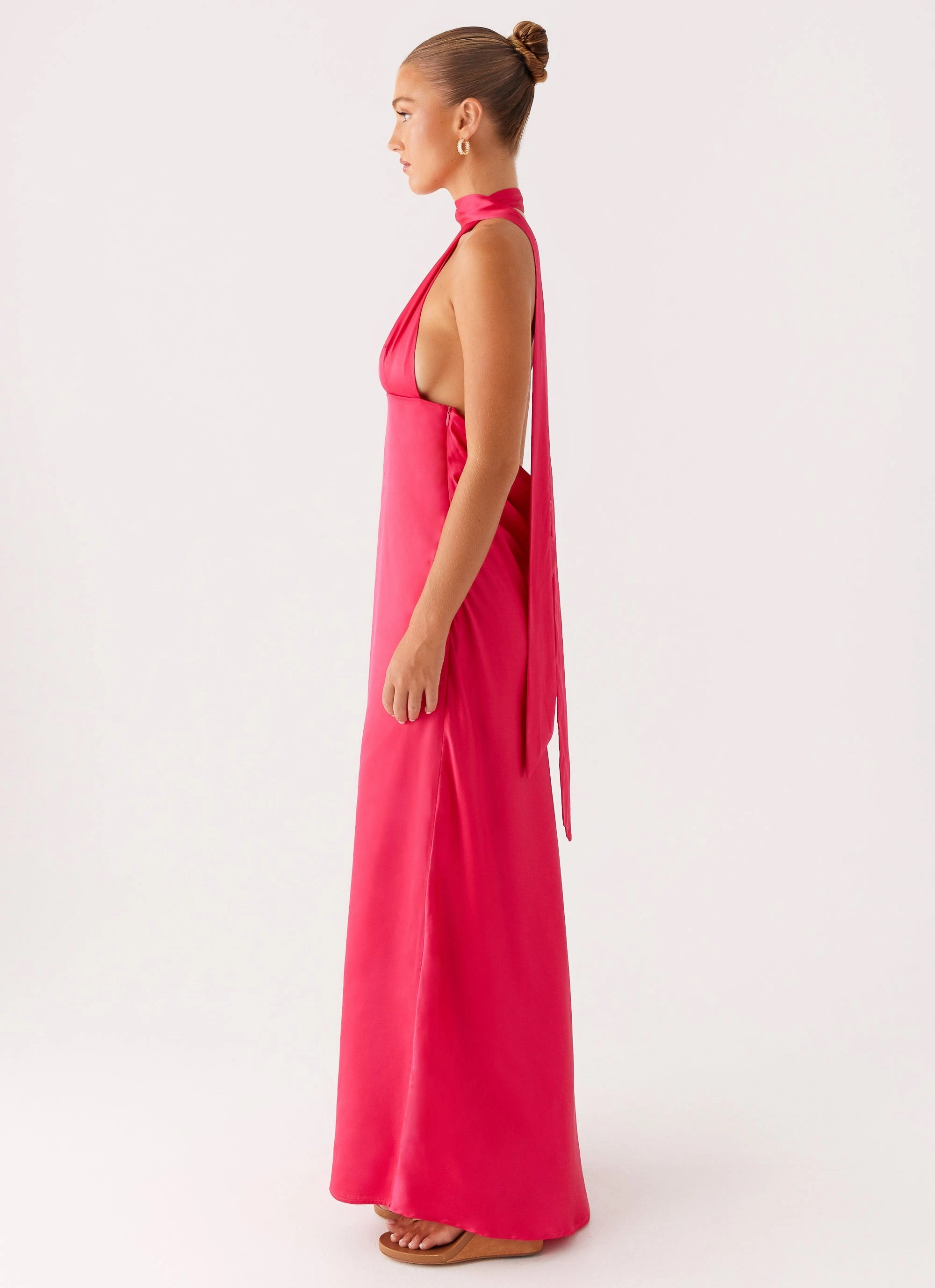Double Layered Alicia Satin Halter Maxi Dress - Fuchsia Non Restrictive Fit Creative Fashion