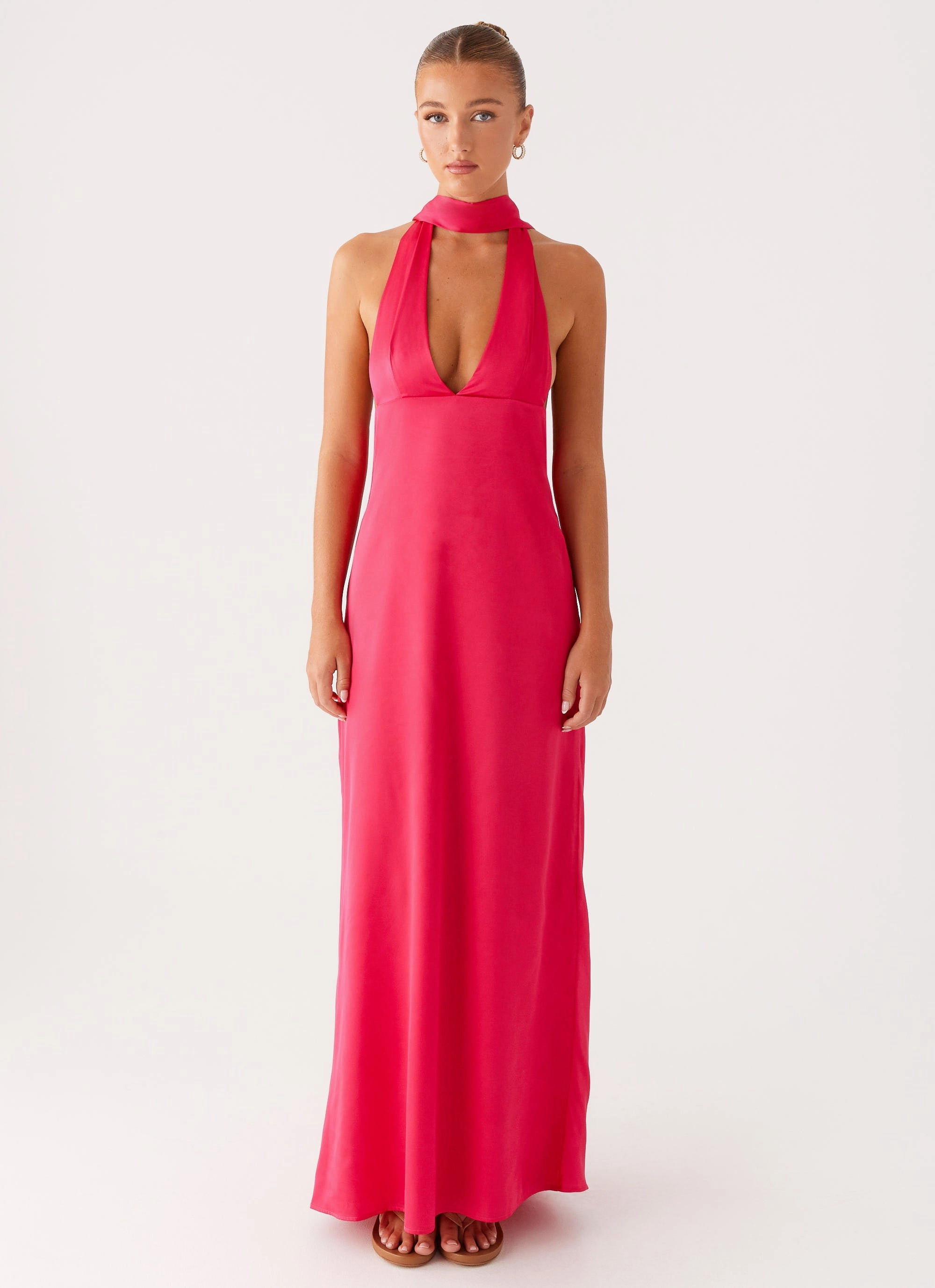 Seamless Finish Double Layered Alicia Satin Halter Maxi Dress - Fuchsia