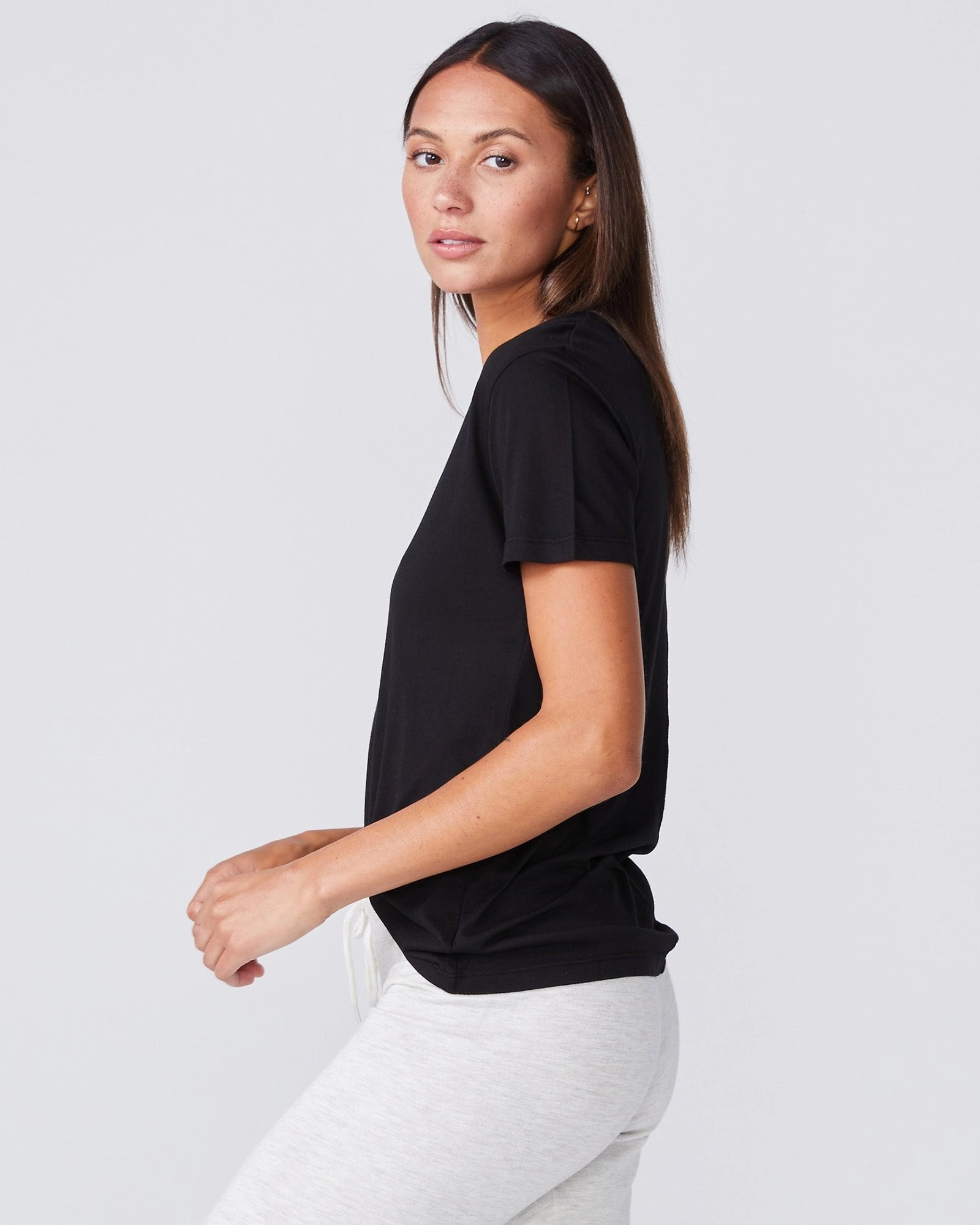 Hidden Button Placket Cotton Modal Relaxed V Neck Tee