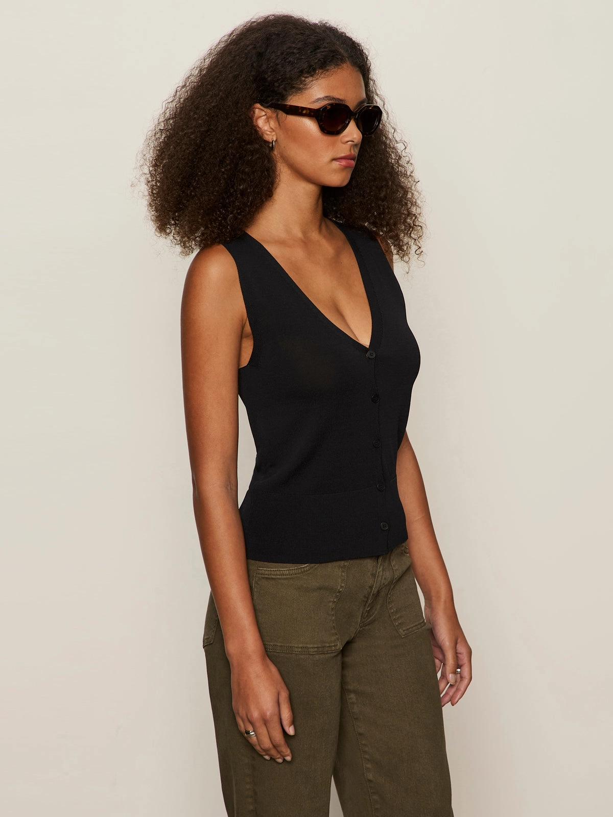 DoubleLayered Hem Technology Knitted Button Front Top Black