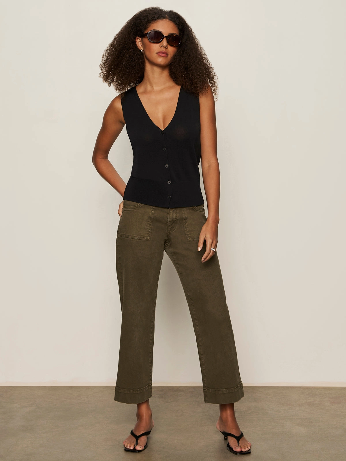 Knitted Button Front Top Black Layered Stitch Details