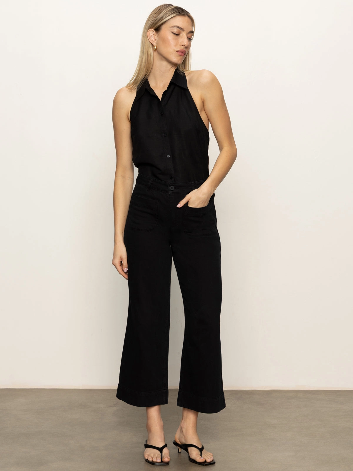 Soft Marine Wide Leg Standard Rise Crop Pant Black Flexible Knees