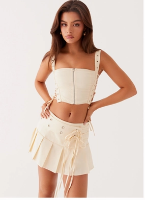 Double Stitched Hems Tahnne Eyelet Mini Skirt - Ivory Bi Stretch Fabric Tahnne Eyelet Mini Skirt - Ivory