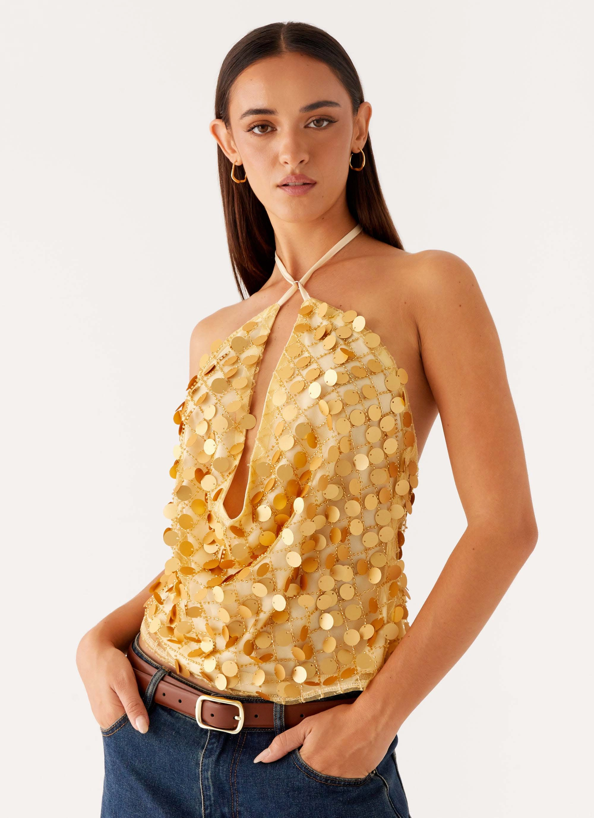 MeshLining Xander Sequin Halter Top - Gold