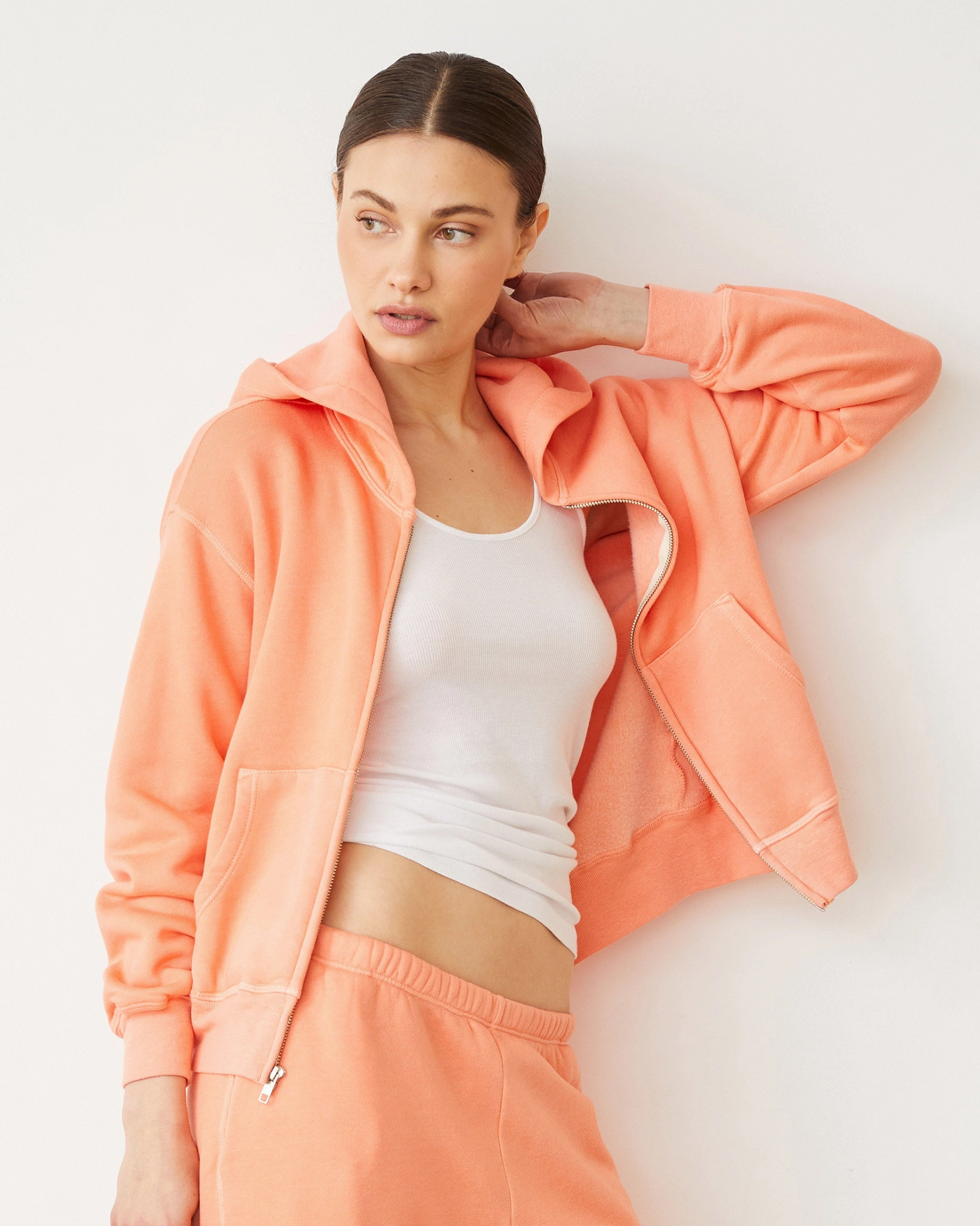 Teddy Fleece Relaxed Zip Up Hoody Tencel Cotton Hybrid Weave Breathable Mesh Back