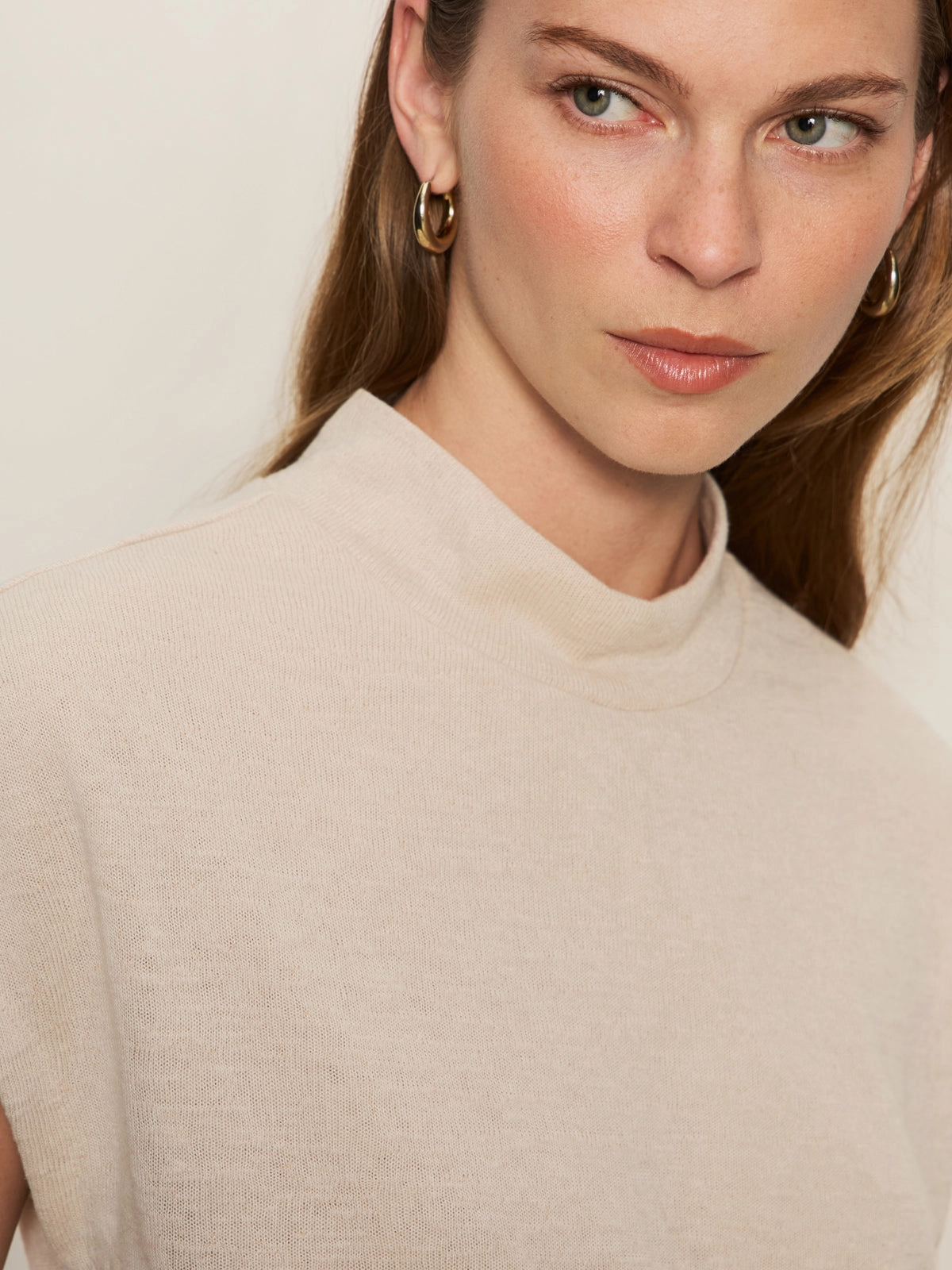 Draped Sleeveless Mock Neck Top Mother Of Pearl Texture Detail Polished Feel