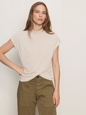 Draped Sleeveless Mock Neck Top Mother Of Pearl MultiDirectionalStretch 3D Knitting Technology Draped Sleeveless Mock Neck Top Mother Of Pearl