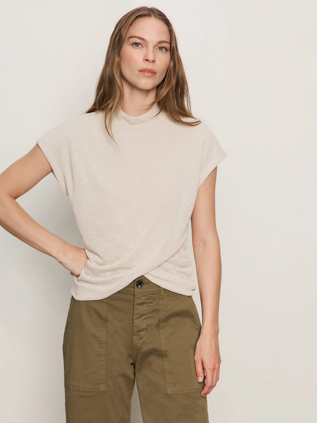 3D Knitting Technology Draped Sleeveless Mock Neck Top Mother Of Pearl