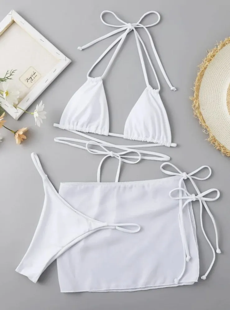 Drawstring Strap Solid Color Three-piece Bikini