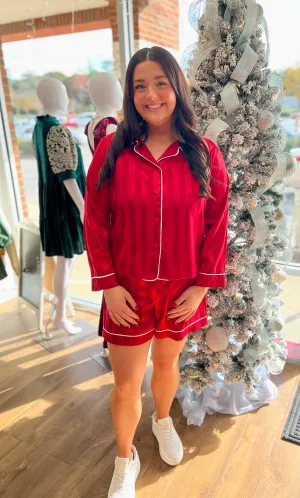 Dreaming About You Red Satin Striped Long Sleeve Short Pajama Set