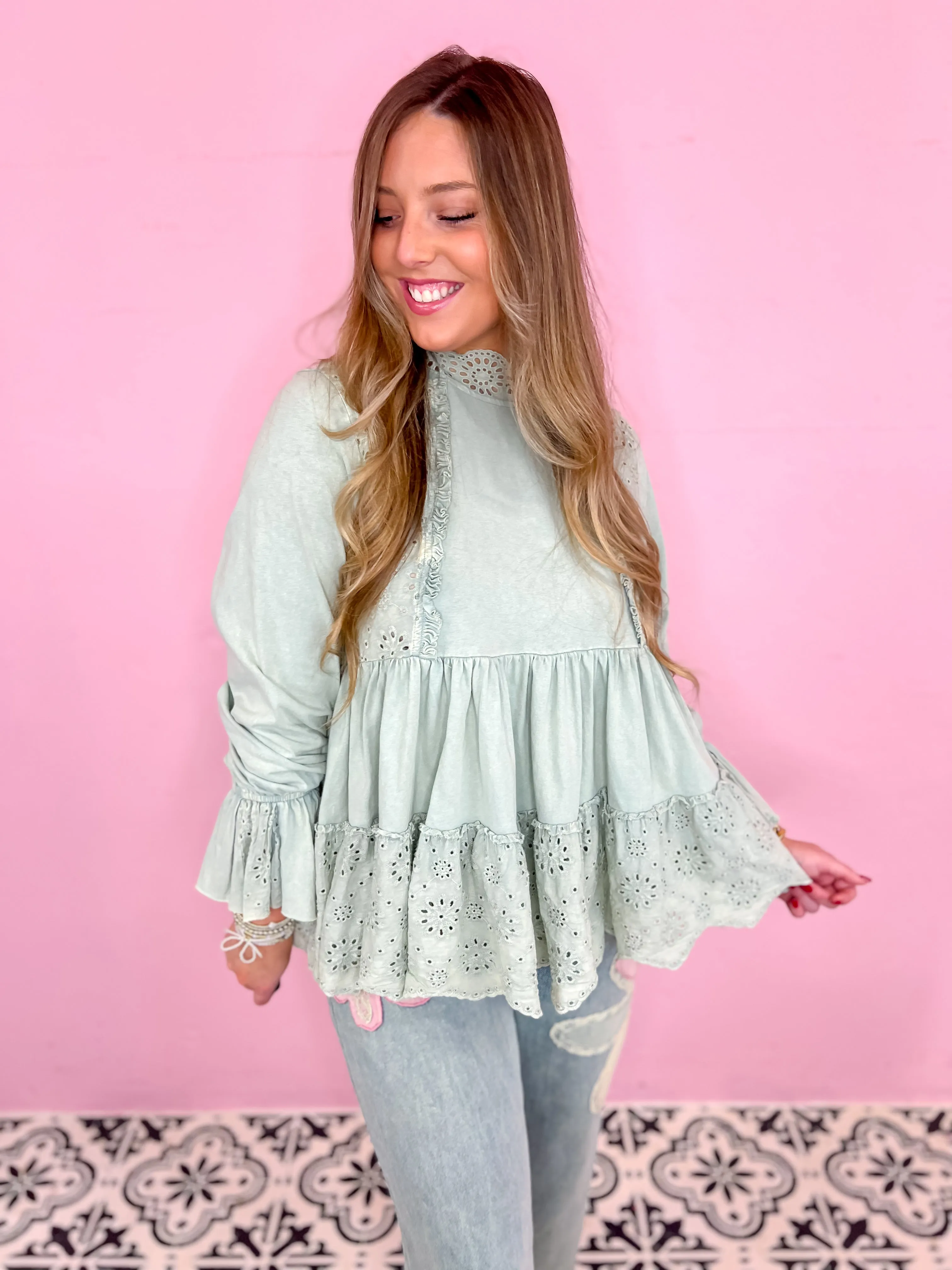 Dreamy Eyelet Flowy Blouse - Lt. Blue